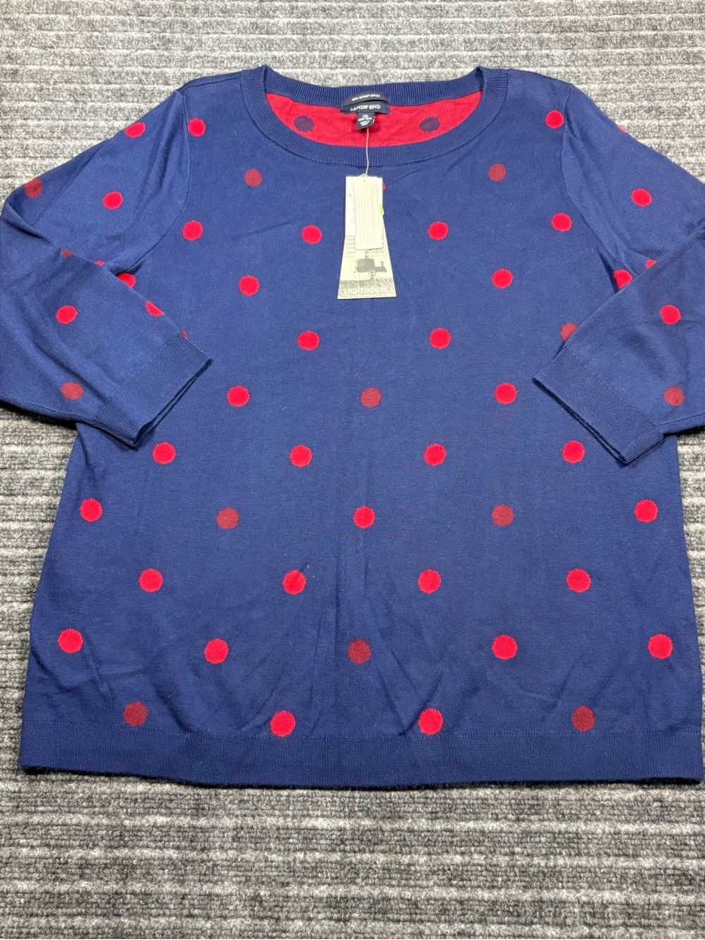 Lands' End Navy Crewneck Sweater with Red Polka Dots Cotton